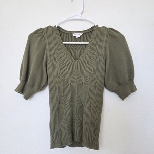 Blu Pepper Forest Green V Neck Puff Sleeve Sweater Knit Top Size M